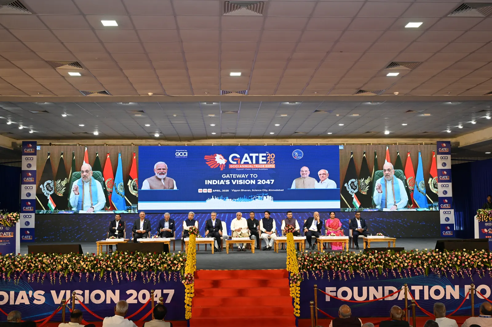 The stage at GATE 2025 under the Gateway to India's Vision 2047 backdrop